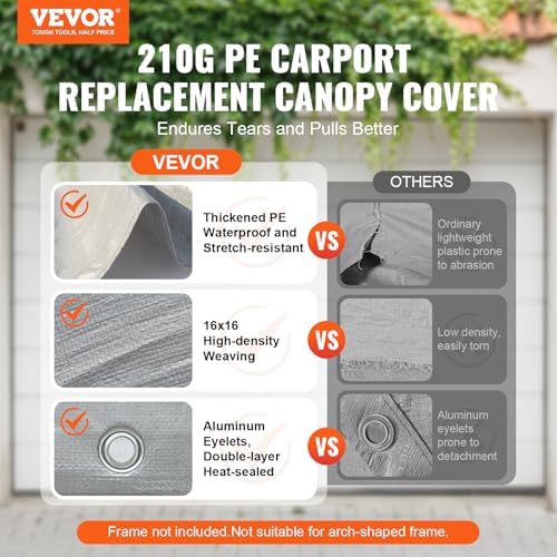 VEVOR Carport Replacement Canopy Cover 12 x 20 ft, Garage Top Tent Shelter Tarp Heavy-Duty Waterproof & UV Protected, Easy Installation with Ball Bungees,Grey (Only Top Cover, Frame Not Include) - Image 2