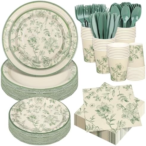 Kochorie 400 Pieces Sage Green Disposable Tableware Sets, Green and White Flower Party Supplies Set with Plates Cups Napkins Cutlery Serves 50 for Wedding Birthday Bridal Shower Party Decorations by Kochorie