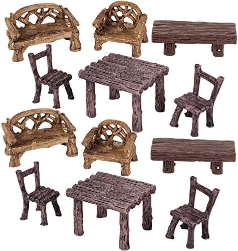 Skylety 12 Pieces Garden Furniture Ornaments Miniature Table and Chairs Set Village Micro Resin Bench Chair for Fairy Garden Accessories Home Micro Landscape Decor(Vintage Style) by Skylety