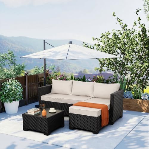 Oasishine Wicker Patio Furniture Patio Couch 3 Pieces Outdoor Sectional with Ottoman and Outdoor Glass Table Weathering Anti-Slip Cushions Furniture Covers, Khaki - Image 2