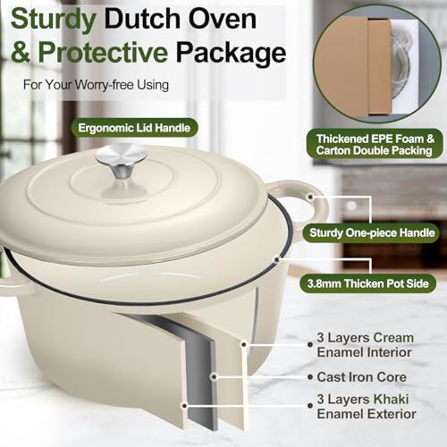 P&P CHEF 5QT Enameled Dutch Oven, Dutch Oven Pot for Bread Baking, Khaki - Image 3