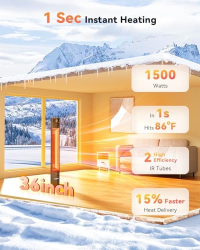Encyclpo Patio Heater for Outdoor Use,1500W Infrared, 36 in Portable Tower Heater, 3 Levels, IPX5 Waterproof, Tip-Over&Overheat Protection for Garage, Indoor, Large Room, Backyard, Home - Image 2