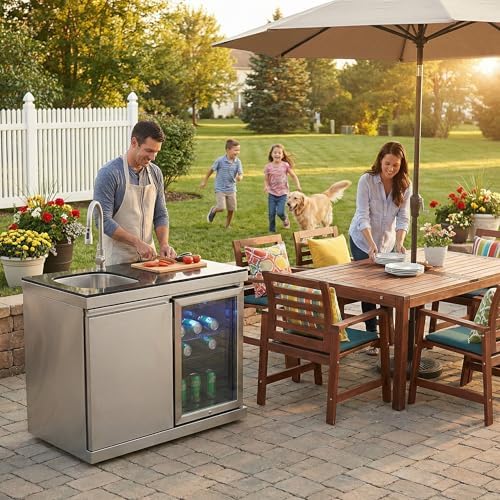 Sink and Fridge Combo for Outdoor Kitchen, 70L Refrigerator and Sink with Pull-Down Faucet, Brushed SS and Black Granite Countertops, All-in-One BBQ Island Cleaning Station (Silver) - Image 2