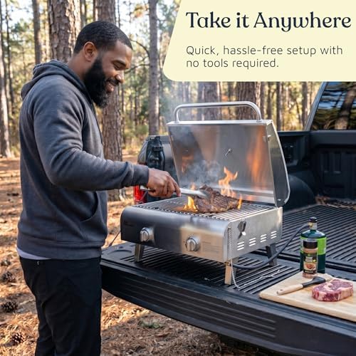 Lifemaster Portable Stainless Steel Gas Grill - 2 Burners Easy Clean Tabletop BBQ Propane Gas Grill with Foldable Legs and Wind Proof Lid for Camping and Outdoor - Silver - Image 4