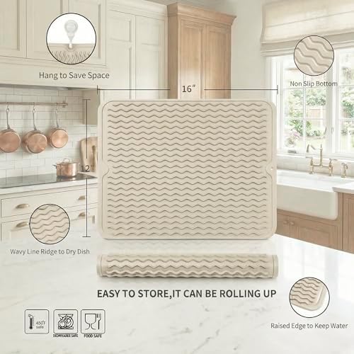 MicoYang Silicone Dish Drying Mat — Quick-Dry Ridges Counter & Sink Pad, Heat-Resistant Trivet to 450°F, Non-Slip & Dishwasher Safe, Roll-Up Storage, 18 Colors & 9 Sizes (Tapioca, 16"×12") - Image 2