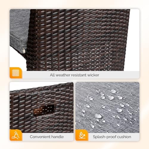 Bonnlo 3 PCS Wicker Outdoor Patio Bistro Set, Patio Furniture Set for Small Space with Glass Top Table Dining Chairs, Balcony Furniture Patio Table and Chairs Set of 2 for Garden Yard Porch (Brown) - Image 4