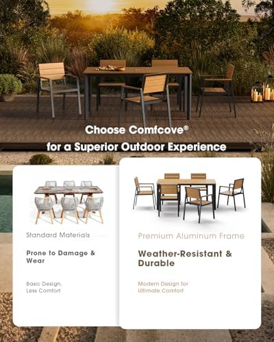 Outdoor Dining Set for 4, Aluminum Patio HDPS Outdooor Table and Chairs Set with Umbrella Hole, All Weather Patio Furniture Set, 5 Peice Patio Dining Table Set (Gray & Teak) - Image 3