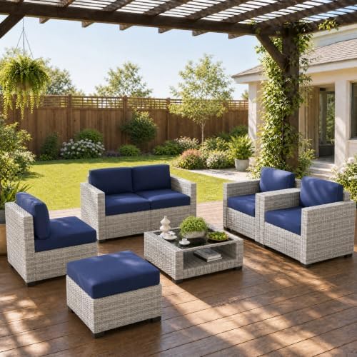 LOUVIXA 7 Piece Outdoor Patio Furniture Set, Rattan Chairs Glass Table Wicker Conversation Seating Sectional Sofa with Cushions (Grey White-Navy, 7Pcs-2 Layer Coffee Table) by LOUVIXA