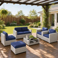 LOUVIXA 7 Piece Outdoor Patio Furniture Set, Rattan Chairs Glass Table Wicker Conversation Seating Sectional Sofa with Cushions (Grey White-Navy, 7Pcs-2 Layer Coffee Table) by LOUVIXA
