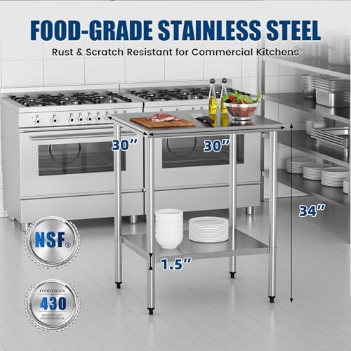 Stainless Steel Work Table 30 x 30 Inch with Adjustable Undershelf, Heavy-Duty Metal Prep Table for Commercial Kitchen & Restaurant, Garage, Outdoor - Image 3