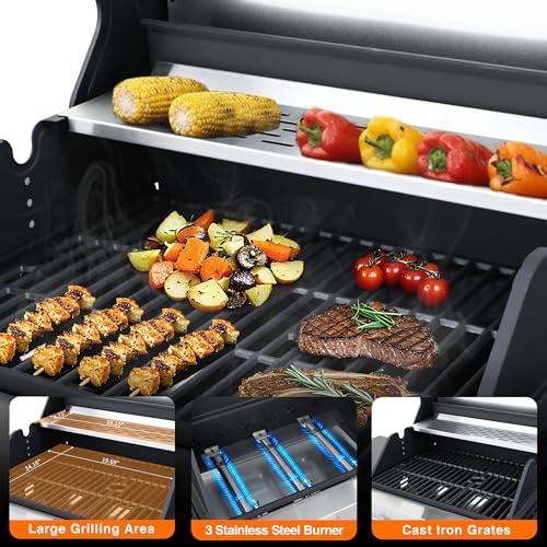 3-Burner Propane Gas Grill 39,000 BTU with Side Burner, Stainless Steel Double-Layer Lid & Porcelain-Coated Cast Iron Grates, Fast Even Heating for Backyard BBQ Camping Tailgating - Image 2