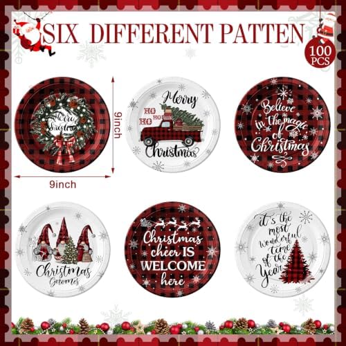 Rtteri 100 Pcs Christmas Paper Plates Disposable 9 Inch Buffalo Plaid Plate - Image 3