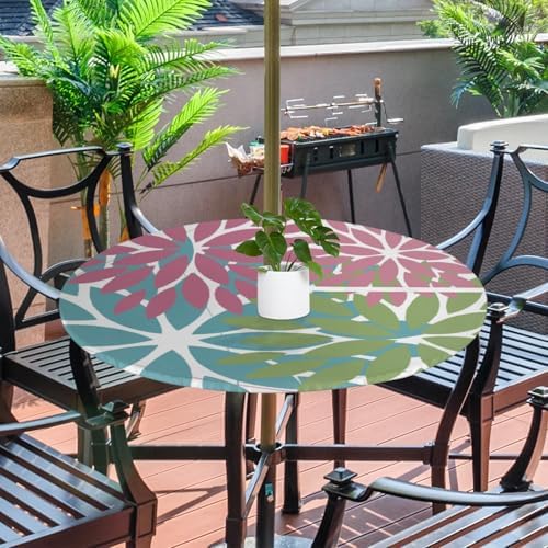 Round Tablecloth with Umbrella Hole and Zipper Elastic Fitted Table Cloth 36"-44" Oil-Proof Waterproof Patio Table Cover for Outdoor Picnic Party, Spring Summer Geometric Elegant Pink Green - Image 2