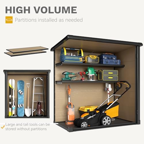 DWVO Outdoor Storage Shed 54 cuft with 2 Shelves, 4.2x2.6x5ft Vertical Tool Shed with Floor & Lockable Doors, Sturdy Double-Wall Plastic Cabinet for Garbage Cans and Garden Storage, Brown - Image 2