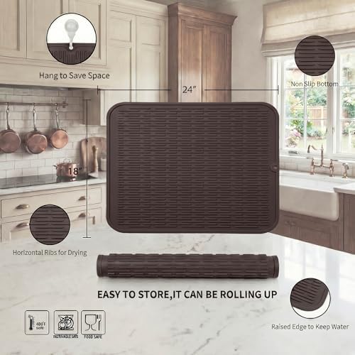 MicoYang Silicone Dish Drying Mat for Multiple Usage,Easy clean,Eco-friendly,Heat-resistant Silicone Mat for Kitchen Counter or Sink,Refrigerator or Drawer Liner Coffee 2XL 24 inches x 18 inches - Image 2