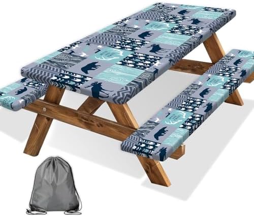 Picnic Table Cover with Bench Covers, Camping Essentials, Rustic Cabin Deer Bear Stripes Waterproof Windproof Patio Table Cover, Fitted Tablecloth Cover with Elastic Edge for Outdoor 3 PCS 30x60 Inch by Xguatan