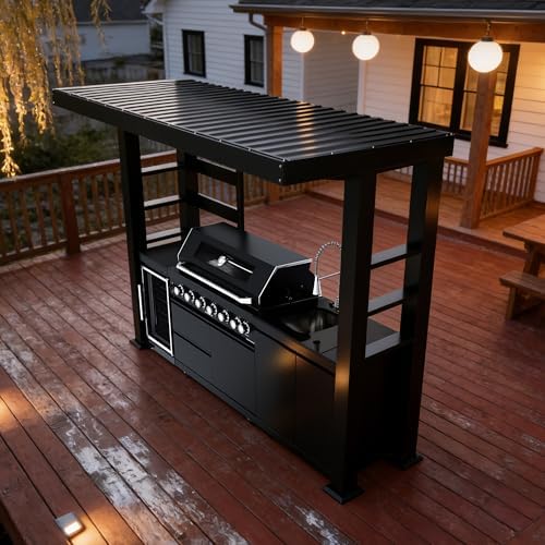 108-Inch 6-Burner 85000 BTU Natural Gas Grill Island with Shed, 304 Stainless Steel Black, 684 Sq.In Cooking Area, Wine Cooler, Rotisserie, Granite Countertops for Backyard BBQ, Black by Dvasovio