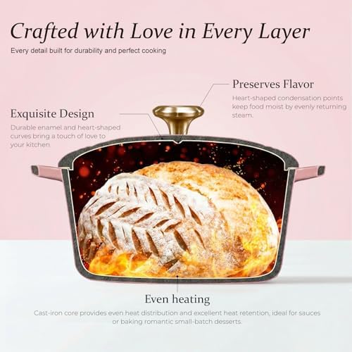 Overmont Enameled Cast Iron Dutch Oven - 2QT Pink Heart-Shaped Mini Pot - Image 5
