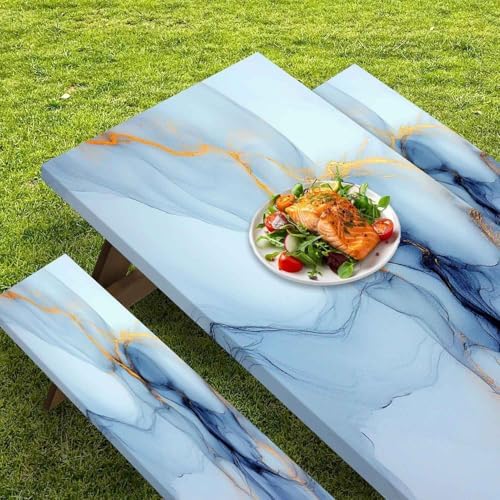 CAPSCEOLL Fitted Picnic Table Cover with Bench Covers 6ft - Blue Marble - Image 5