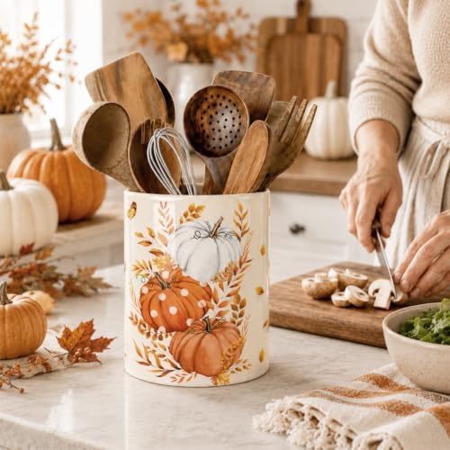 Fall Pumpkin Utensil Holder, Orange Autumn Decor Large Ceramic Utensil Holder For Kitchen Organizer, Farm 6.3'' Cooking Utensil Crocks Rustic Decor Utensil Storage Cup for Countertop - Image 4