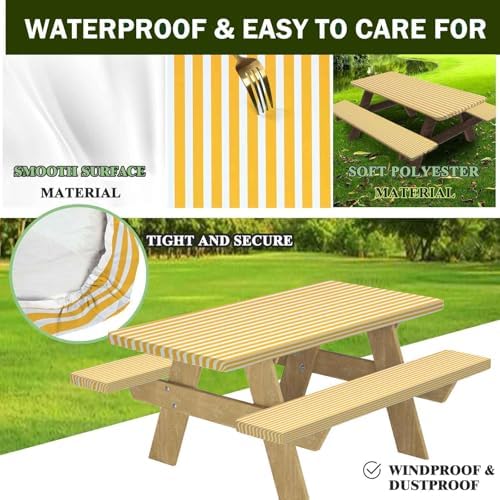 CAPSCEOLL Fitted Picnic Table Cover with Bench Covers 5ft - Yellow White - Image 4