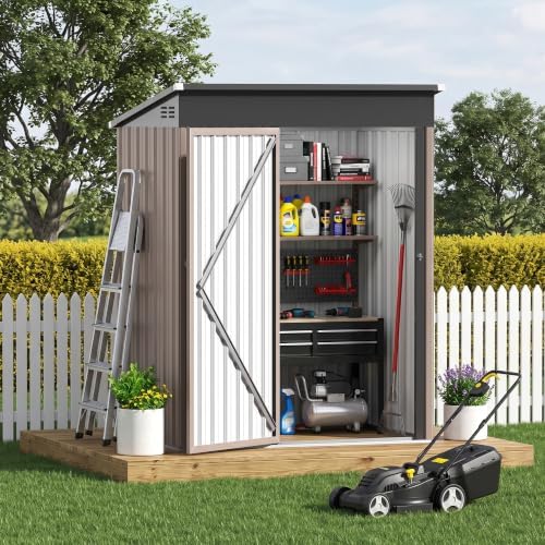 5 x 3 FT Outdoor Storage Shed, Waterproof Metal Garden Tool Shed with Sloped Roof, Lockable Door & Air Vents for Backyard Patio Lawn, Brown by Unknown