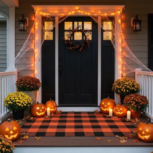 SEEKSEE Halloween Decor Buffalo Plaid Outdoor Rug 3' x 5' Orange and Black Front Door Mat, Layering Rug for Porch, Halloween Doormat, Front Porch Rug for Outdoor Entrance Entryway Patio Porch Decor - Image 3