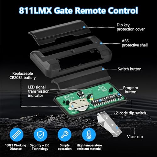 for Liftmaster 811LMX Gate Remote, Replacement for Liftmaster 811LM Gate Opener Remote, Compatible with Liftmaster Gate Opener and 850LM 860LM Receiver, Security+ 2.0, 12 Dip Switch, 2 Pack - Image 2