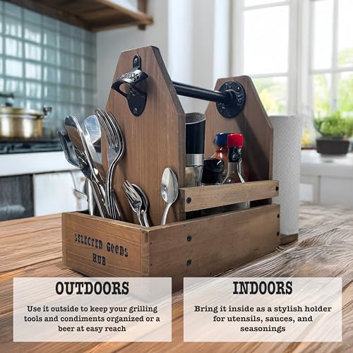Wooden Grill Caddy Organizer - Versatile BBQ Caddy for Outdoor grill - Portable rustic wood condiment and paper towel holder with bottle opener for picnic and grilling - Image 7
