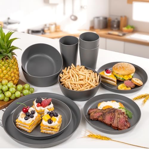 EjonirInjonir 24Pcs Unbreakable Dark Gray Wheat Straw Dinnerware Set for 6 - Image 3