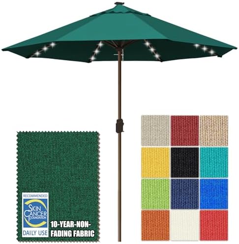 EliteShade USA 10-Year-Non-Fading 10ft Market Patio Umbrella, Commercial Grade Table Sun Umbrella with 80 Solar LED Lights, Crank Open, Windproof & UPF 50+ UV Protection for Garden, Deck, Pool, Backyard, No Tilt, Forest Green by EliteShade
