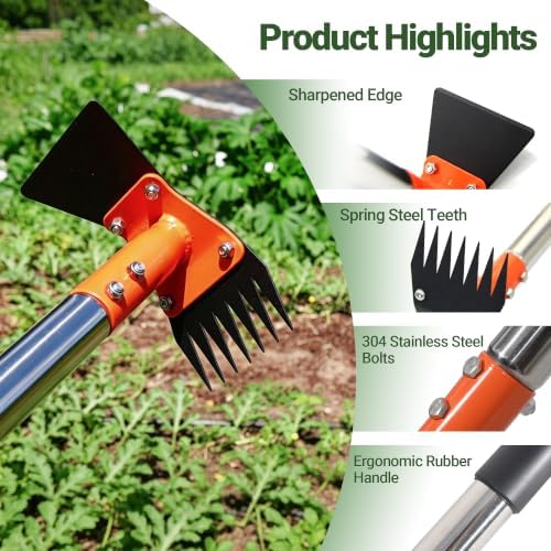 2-in-1 Garden Hoe and Weed Puller Rake 61 Inch Spring Steel Head Adjustable Long Handle Weeding Tool Heavy Duty Sand Texture Finish, Weed Remover for Garden, Yard, Lawn, Driveway - Image 6