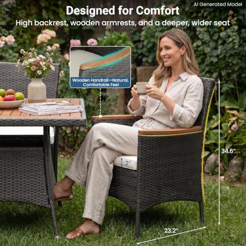 Wisteria Lane Rattan Patio Table and Chairs Set with Acacia Wood Tabletop - Image 5