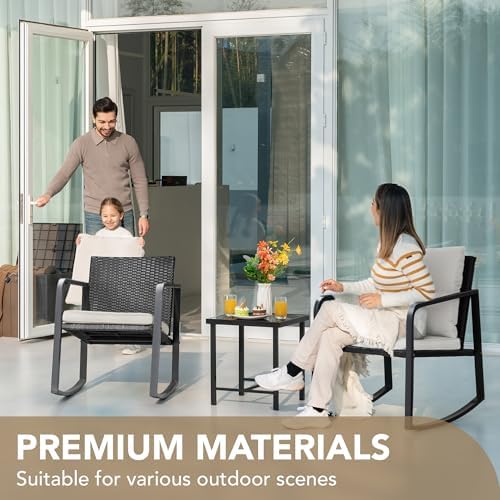 Devoko 3 Pieces Patio Furniture Set Wicker Outdoor Rocking Bistro Chair - Image 3