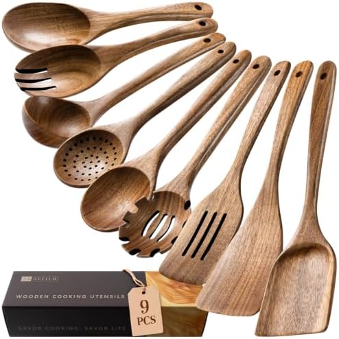 Wooden Spoons for Cooking, 9-Piece Acacia Wood Cooking Utensil Set by HEFILD