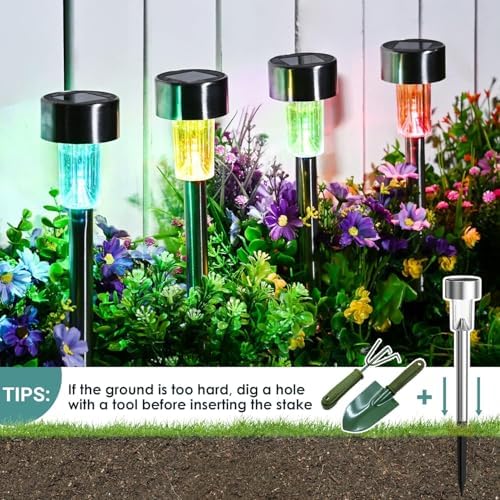 GIGALUMI Solar Garden Lights Outdoor, 12 Pack 6-Color, IP65 Waterproof Decorative Pathway Lights, Stainless Steel LED Landscape Lighting for Yard, Lawn, Walkway - Image 5