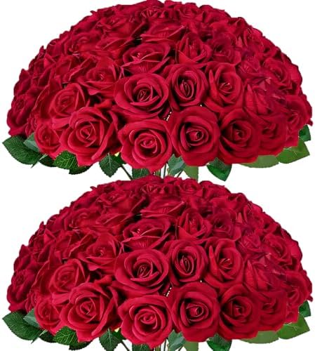 50Pcs Red Roses Artificial Flowers with Stems for Home Decor by Cherica