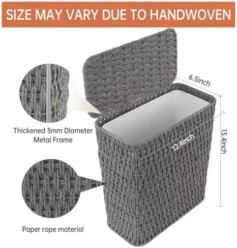 Coeusy 3 Gallon Paper Rope Bathroom Trash Can,Small Wicker Trash Cans with Lid and Liner,Woven Rattan Narrow Waste Basket for Bedroom,Office,Grey - Image 3