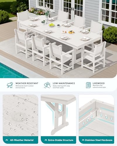 SERWALL 9Pcs HDPE Outdoor Dining Set for 8 with Sling Chairs, White - Image 4