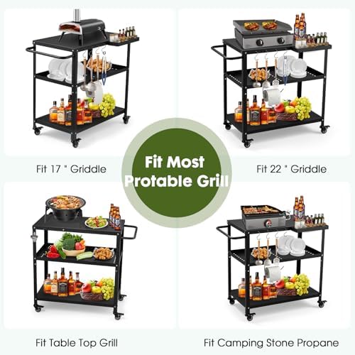 Outdoor Grill Cart Table, Pizza Oven Stand with Casters, Black - Image 3