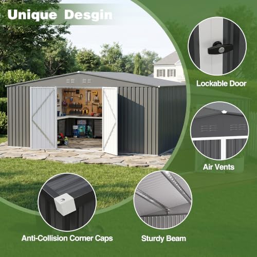 14 x 12 FT Outdoor Storage Shed, Heavy-Duty Galvanized Steel Tool Shed with Reinforced Frame, 2 Magnetic Light, Lockable Double Door & Side Vents for Backyard Large Equipment, Dark Gray - Image 6
