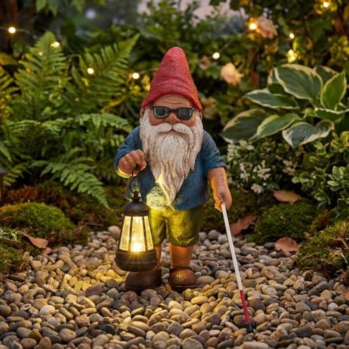 Solar Garden Gnome Outdoor Statue, 10.2 inches Blind Man Gnome with Lantern - Image 6