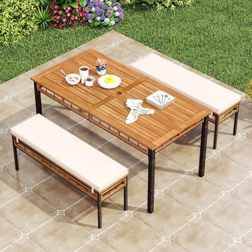 Tangkula 3 Pieces Wood Patio Dining Set, Outdoor PE Wicker Rectangular Acacia Wood Table and 2 Cushioned Benches with 1.97” Umbrella Hole, Outside Furniture Set for Deck, Garden and Backyard - Image 3