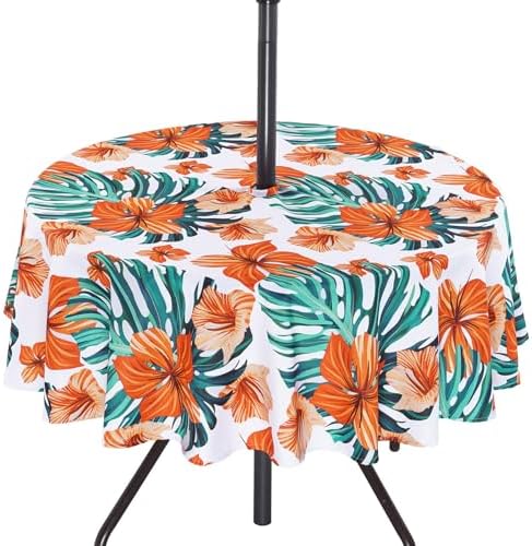 SquarePie Round Outdoor Talecloth with Umbrella Hole and Zipper 60 Inch,Water Resistant SpillProof Patio Table Cloth Cover for Spring Summer Camping Garden Poolside Picnic,Palm Leaf Orange Flower by SquarePie