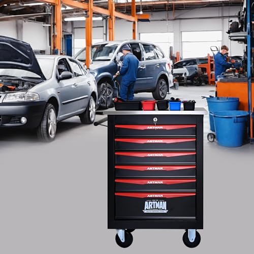 6-Drawer Heavy-Duty Rolling Steel Tool Cart with Handle&Wheels, Metal Storage Organizer Cabinet, Tool Chest for Efficient Tool Storage in Garage, Warehouse, Workshop, Repair Shop, Black&RED - Image 2
