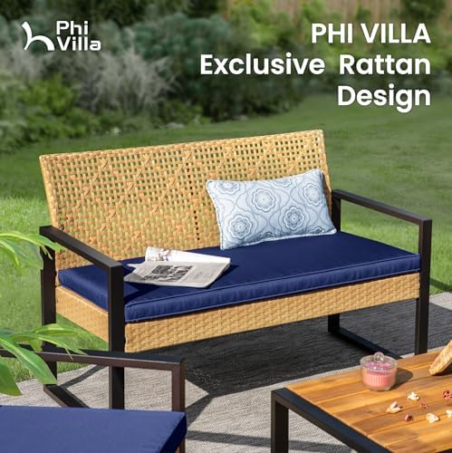 PHI VILLA 4 Piece Yellow Wicker Patio Furniture Set with Navy Cushion - Image 3