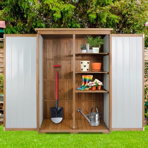 Ketive Outdoor Storage Cabinet, Wood & Metal Storage Shed with Weather-Resistant Roof, Double Lockable Doors, Removable Shelves & Adjustable Feet, for Patio, Backyard, Poolside, 46" x 18" x 68" - Image 2