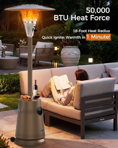 50,000 BTU Patio Heater for Outdoor Use, Portable Propane Patio Heater with Wheels, Stainless Steel Burner for Porch, Deck, Garden, Commercial (Brown) - Image 3