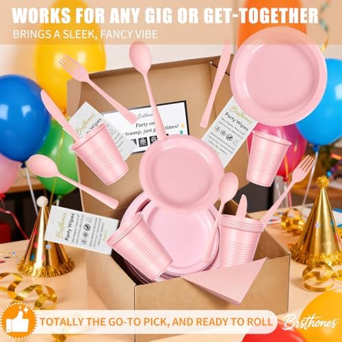 400 Pieces Pink Plastic Plates Set with 50 Party Wipes, Solid Pink Plastic Dinnerware - 50 Each 9" Dinner Plate Set, 7" Dessert Plate, Cups, Napkins & Cutlery for Any Celebration - Image 3