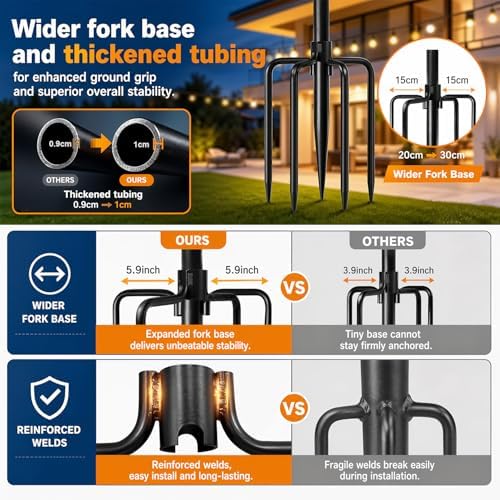 MuliVid 4 Pack String Light Poles for Outdoor,Metal Light Hanging Pole Outside with Fork,Light Stand for Patio, Pergola, Garden, Backyard, Yard, Camping Party (4 Pack) - Image 2